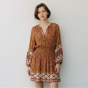 American Eagle Brown Floral Smocked Waist Long Sleeve Mini Dress Size XSmall